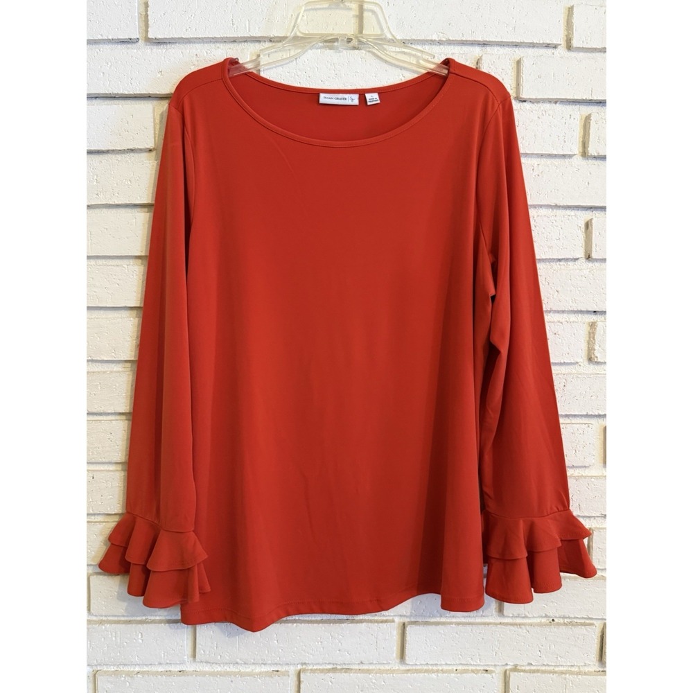 Susan Graver Liquid Knit Top Size Lg Coral/Orange Long Sleeve w/Ruffle ends